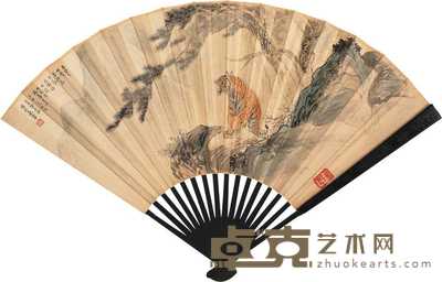张善孖 封文权 己巳（1929年）作 松风猛虎图 篆书 成扇 